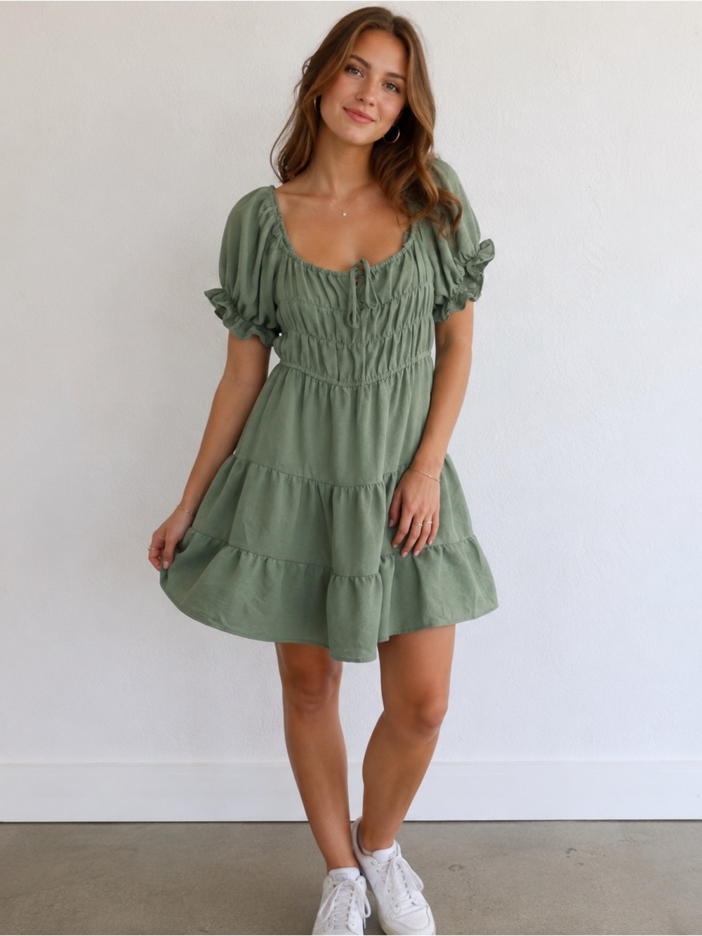Liberty Love Sage Green‎ Ruffled Puff Sleeve Mini Dress